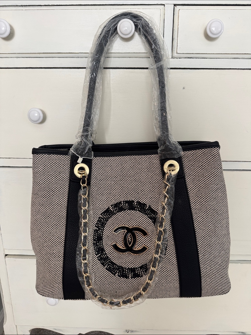 Beige and Black Chain-Detail Tote